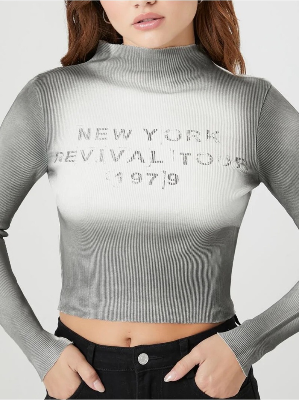 Forever 21 Gray Ombre Ribbed Mock Neck Long Sleeve Crop Top size XS